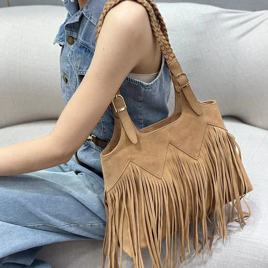 

Woven Shoulder Strap Tassels Women handbag Fashion Shoulder Bags Ladies Hand bag Soft PU Leather Casual Hobos Armpit Bags Totes