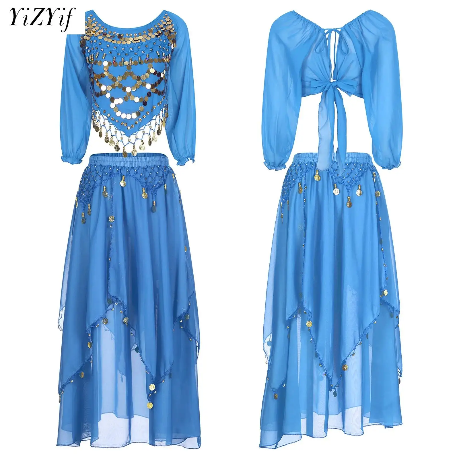 Women Belly Dance Outfits Long Sleeve Lace-up Chiffon Crop Top +Irregular Skirt India Dance Arabian Princess Dress Up Costume