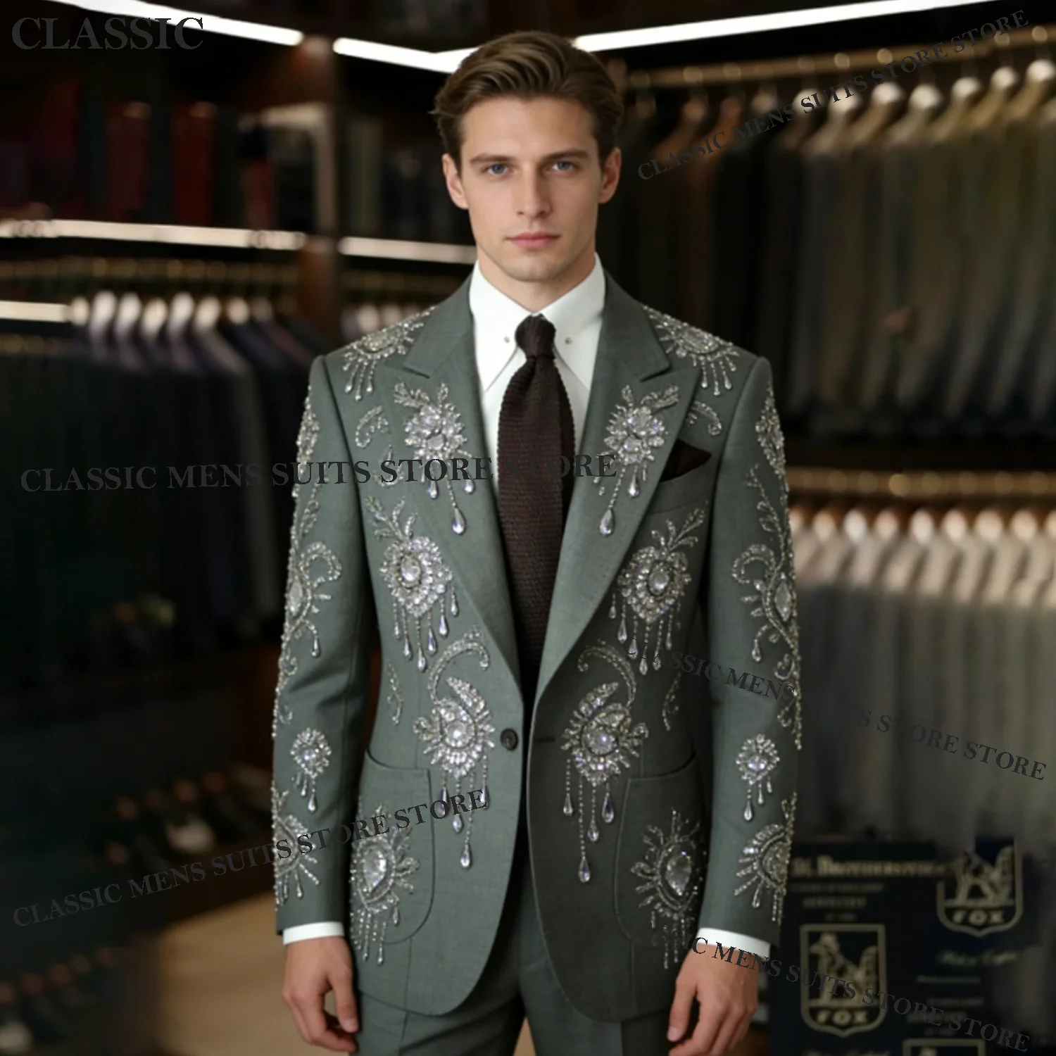 

Customized Intricate Beading Men Suits 2 Pieces Set Male Party Blazer Intricate Groom Wedding Tuxedos Slim Crystal Costume Homme