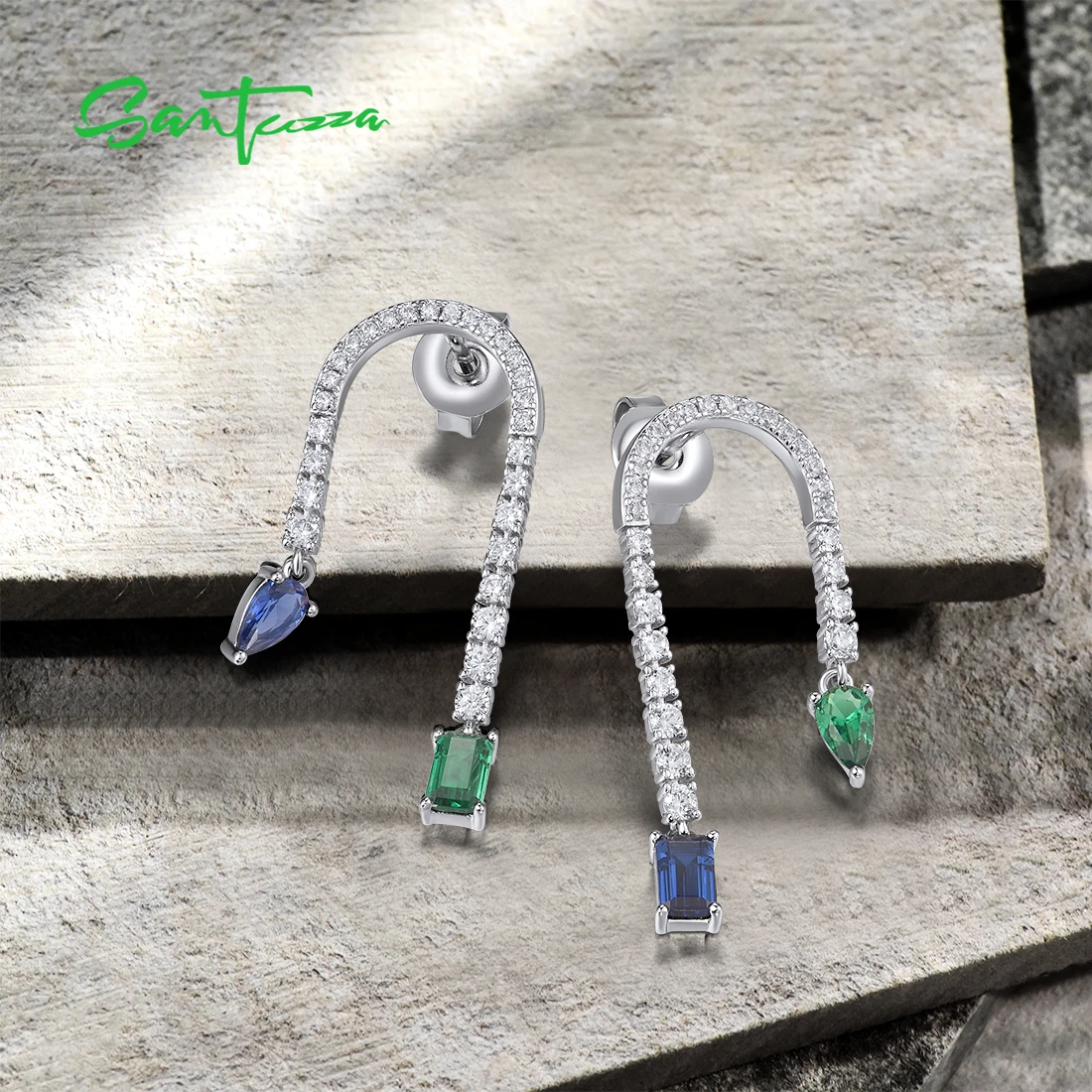 SANTUZZA Real  925 Sterling Silver Dangling Earrings For Women Sparkling Blue&Green Stone Chic Wedding Anniversary Fine Jewelry view 3