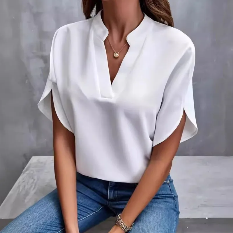 

Summer Casual Versatile Half Sleeved V-neck Women's Top Solid Color Elegant Office Women's Fashionable Temperament Women's Top