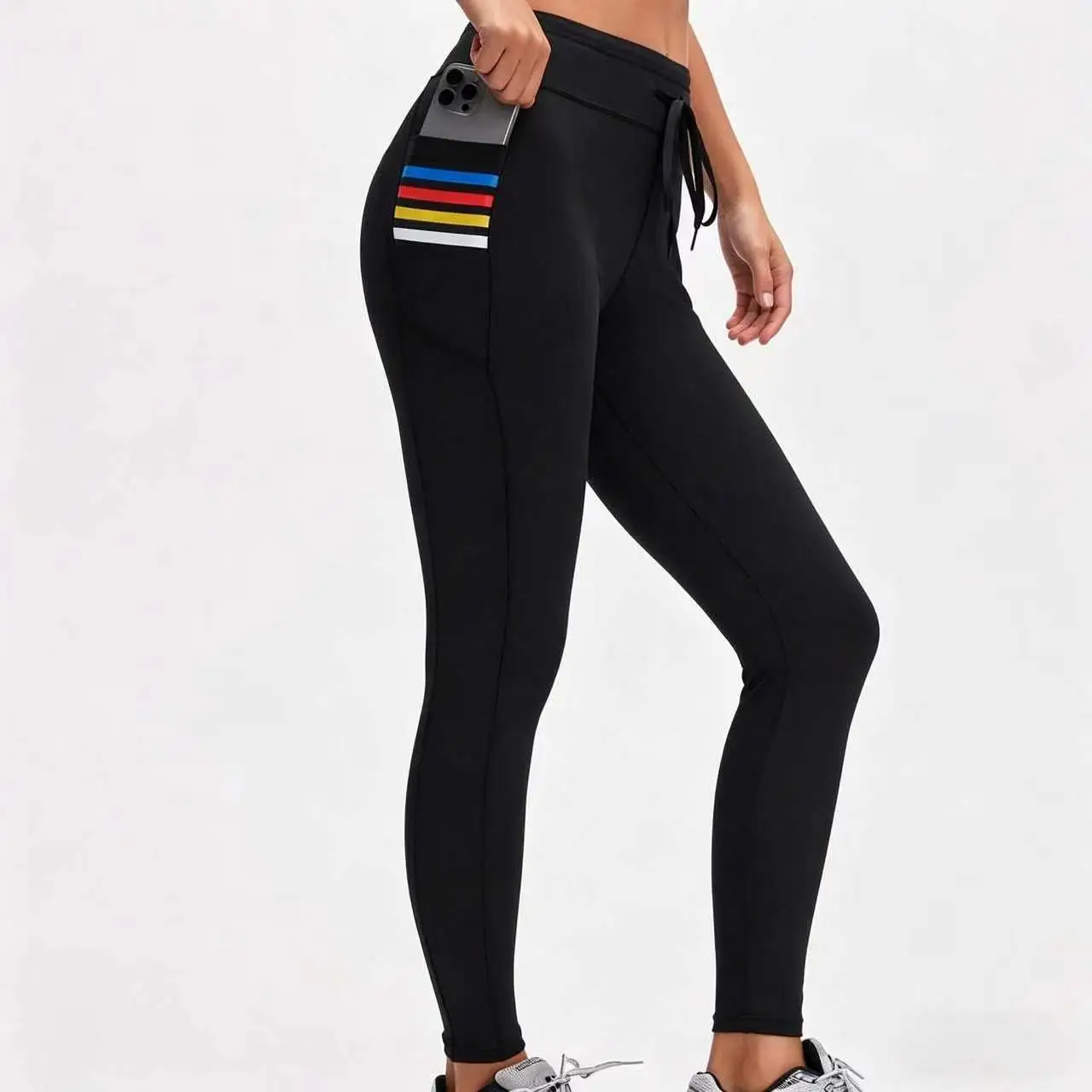 Women's Sports Casual Pants with Pocket Print Design, Drawstring Waist Adjustment, and High Elasticity for Butt-Lifting