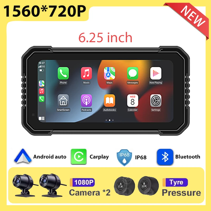 6.25 inch Screen FOR Motorcycle Carplay Waterproof 1080P WiFi Wireless Android-Auto DVR Monitor Dash Cam GPS Navigation TPMS BT