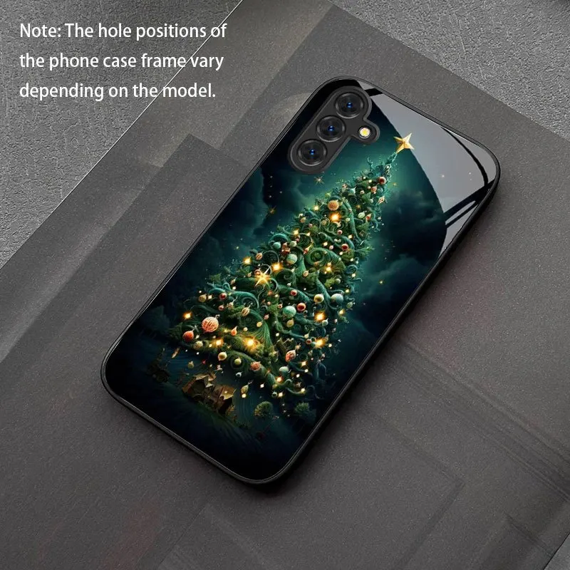 Qimeng Christmas Tree Pattern Glass Phone Case Suitable for Samsung Galaxy S26 S25 S24 S22 S21 S20 FE/Ultra/Plus Anti Drop
