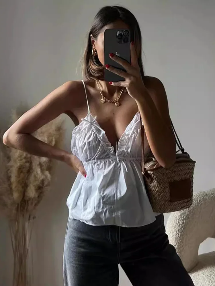 

Ruffled Lace-Up Sexy Camisole Top For Women V-Neck Patchwork Fashion Backless Tank Top Summer Women's Spaghetti Vest 2024