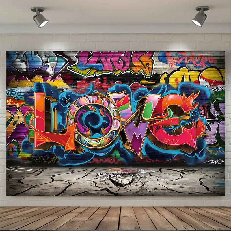 Colorful Graffiti Love Word Brick Wall Street Art 2D Flat Tapestry Backdrop For Hip Hop Party Decor Urban Wall Hanging Art Print