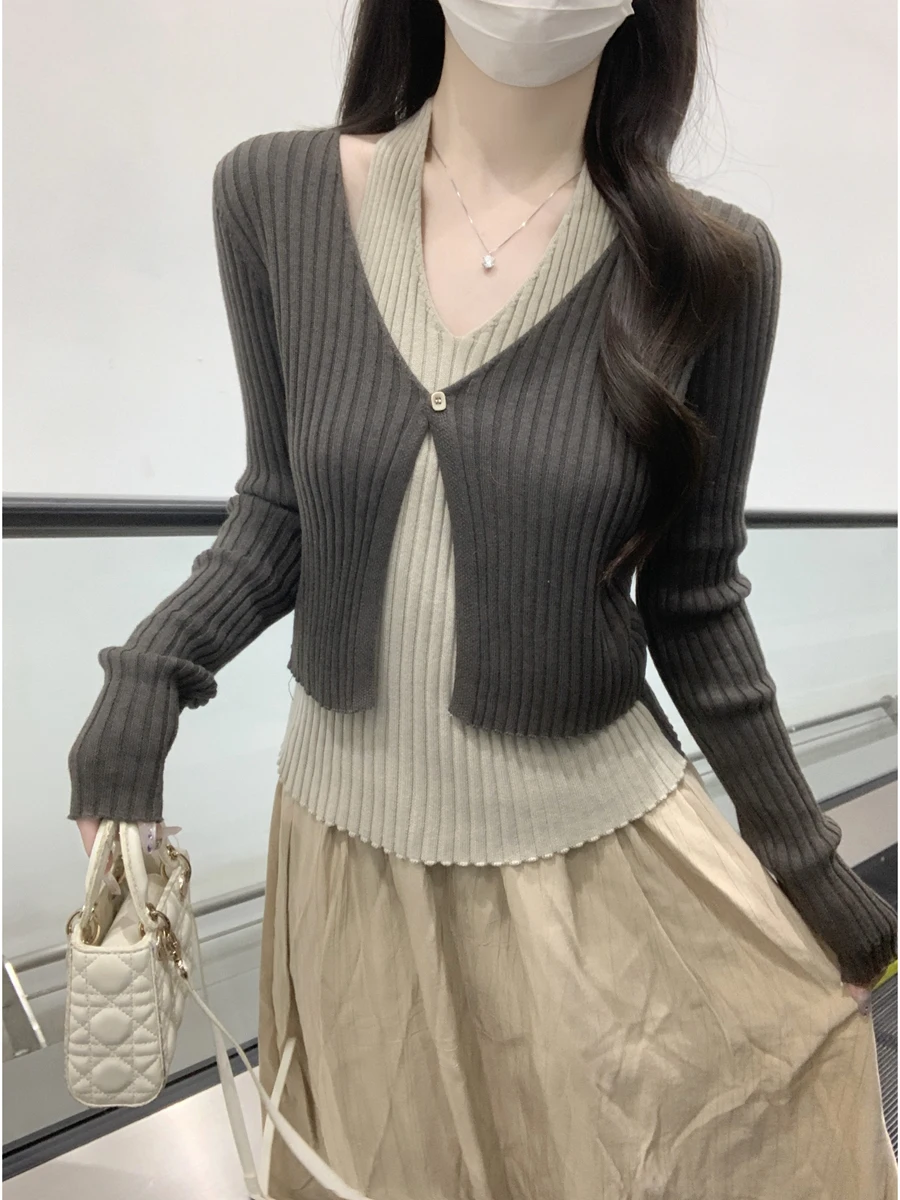 韓国 Sle V-Ne ニットセーター レディース インナーウェア Ne ハンギング フェイク ツーピース 痩身 トレンディ 秋冬 新着