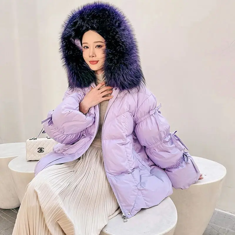 Imagem -03 - Parka de Pele de Guaxinim Natural Real para Mulheres Jaqueta de Ganso Branco Cabolsa Puffer Quente Solto Parkas Meio-longas Grossas Femininas Novo Inverno 2023