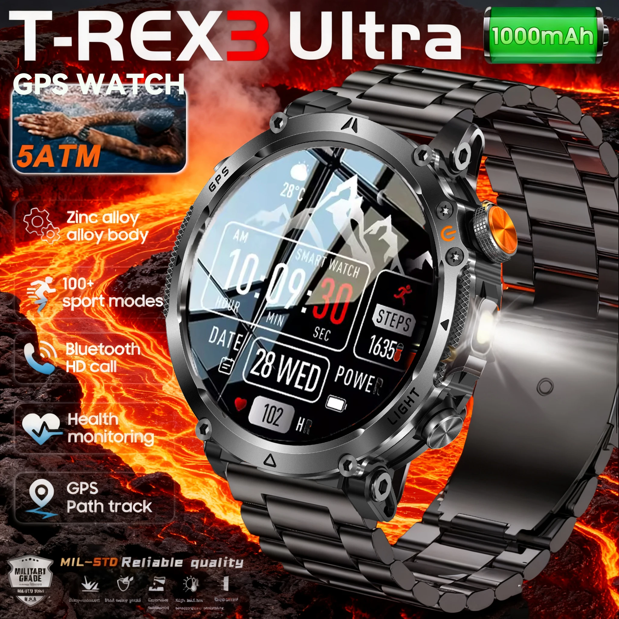 

2026 New T-Rex3 Pro 1100mAh Battery Smart Watch GPS path 5ATM Waterproof Sports Run tracker Outdoors Compass Military Smartwatch