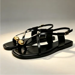 Sexy Thin Straps Flat Sandals Women 2025 Summer Footwear Chic Metal Square Toe Soft Leather Beach Traf Shoes for Lady Wholesale