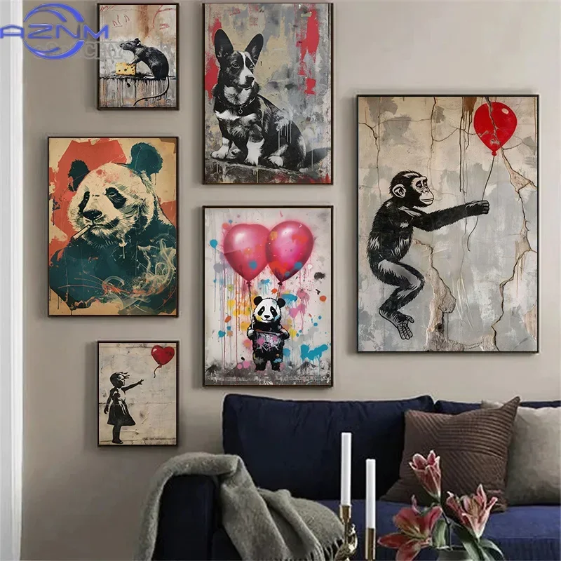 Banksy Graffiti Art Posters Animals Tiger Wolf Panda with Balloon Street Wall Art Canvas Painting Abstract Pop Art Home Decor