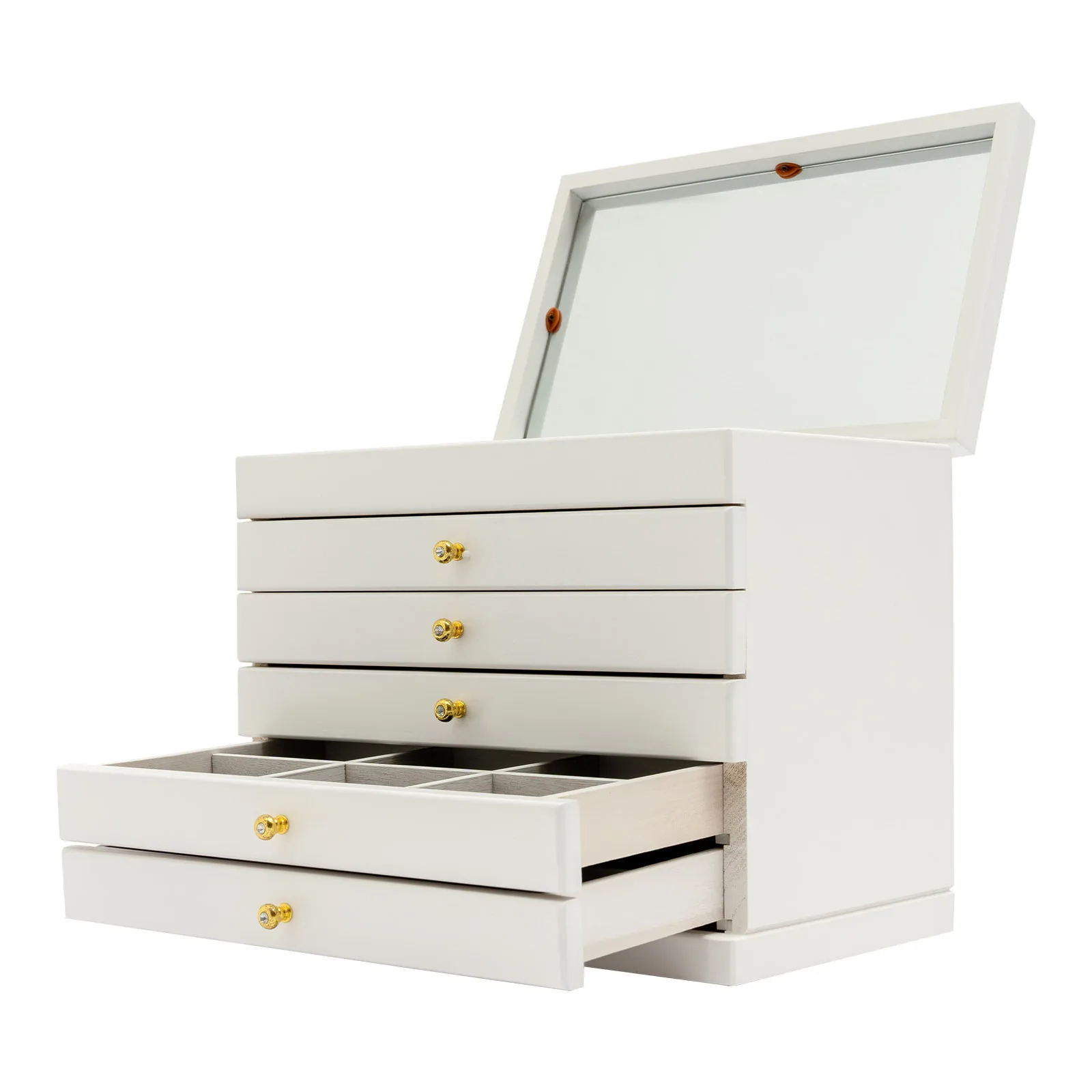 6-Schichtige Schmuck-Aufbewahrungsbox mit Spiegel, Kleeblatt-Gravur, Schmuck-Organizer, Weiß, Vintage-Stil, Aufbewahrungsbox für Ohrringe und Ringe – Detail 8