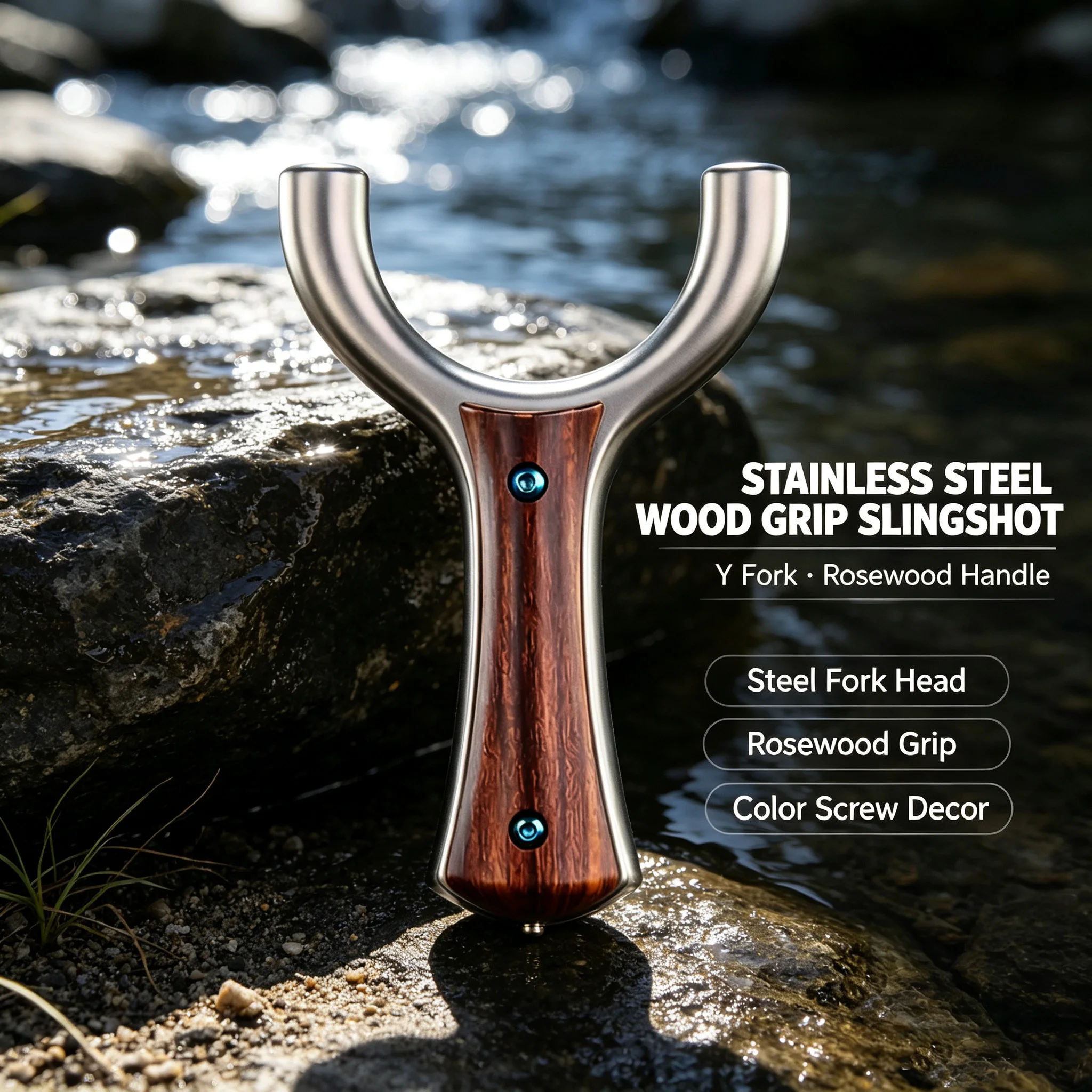 Stainless Steel Slingshot Wood Inlay Y-Shaped Top Clamp Outdoor Target Precision Practice Gear