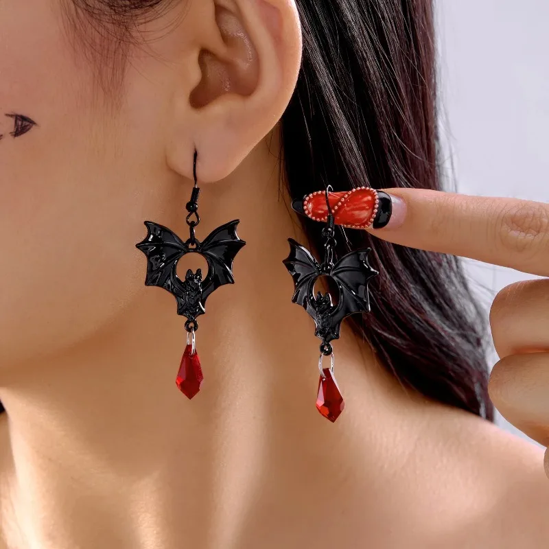 A Pair Halloween Ear Jewelry Gift Gothic Vampire Bat Earrings for Women Man Vintage Red Crystal Water Drop Pendant Earring