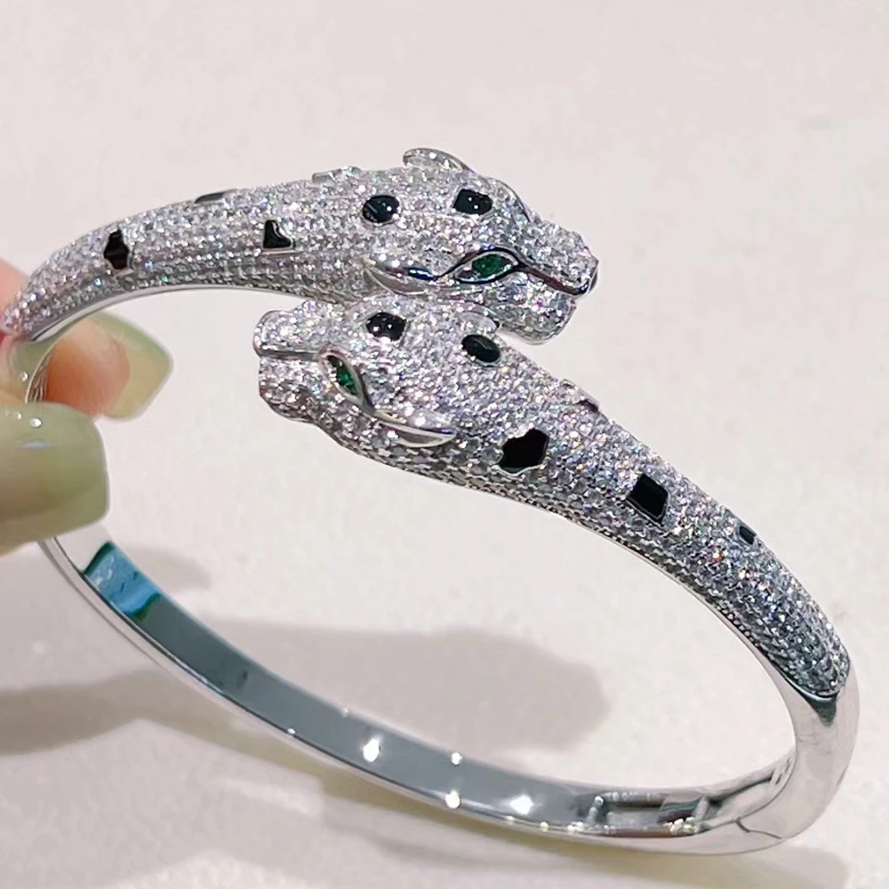 

Solid 925 Silver With Black Enamel Spot Full Carbon Diamond Double Leopard Bangles Bracelets Panther Jewelry for Women Party