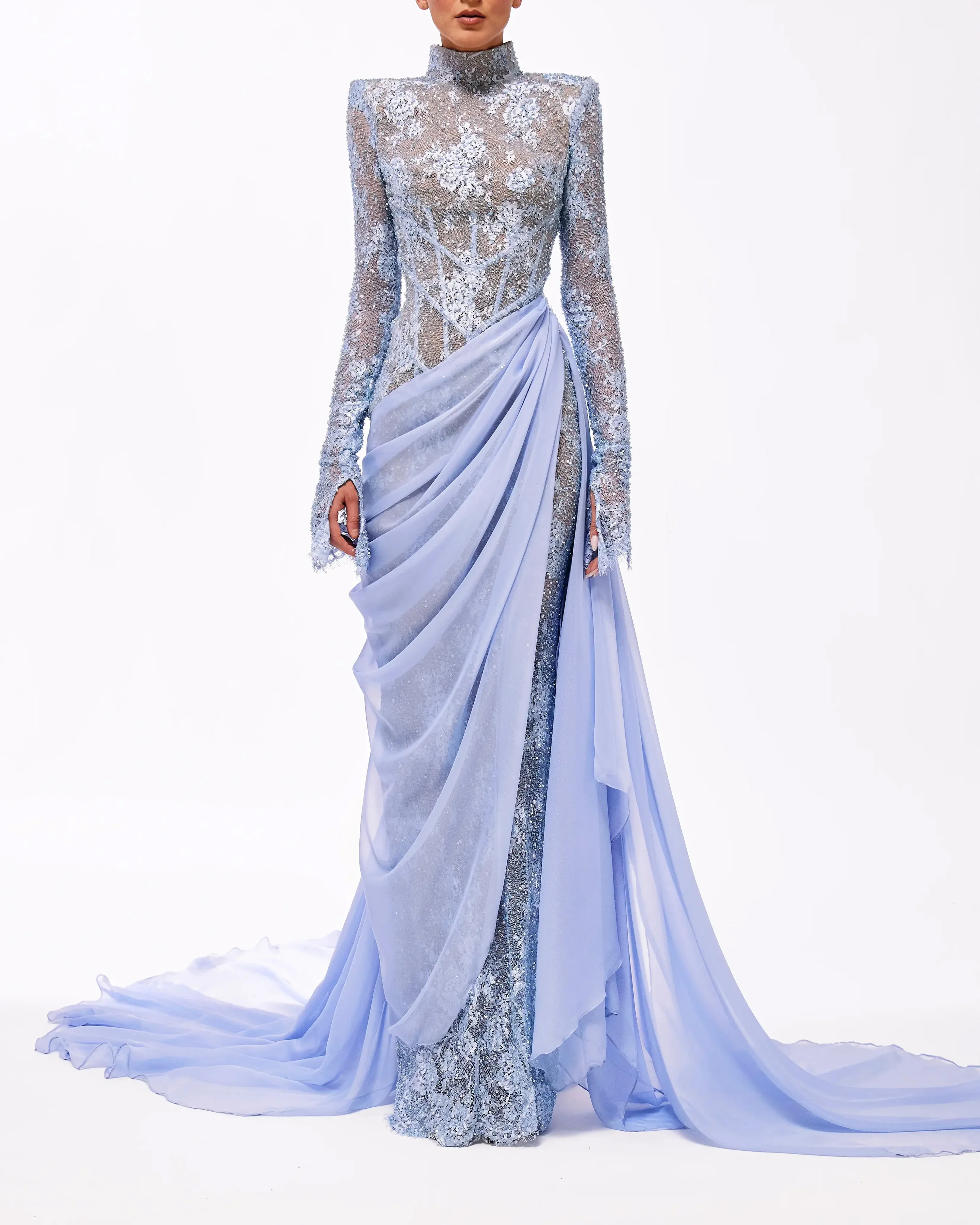

Exquisite Lace High Neck Mermaid Evening Dress Customize Chiffon Pleated sweep Train Formal Cocktail Wedding Prom Party Vestidos