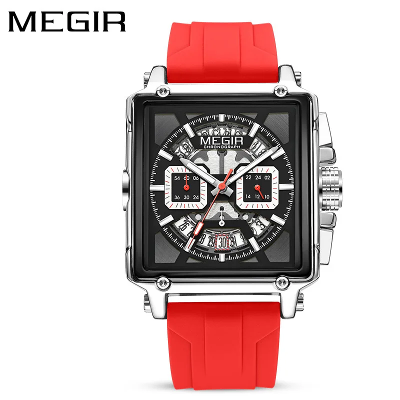 Men's Square Waterproof Luminous Sports Chronograph Quartz Watch Silicone Strap Date Display Hands