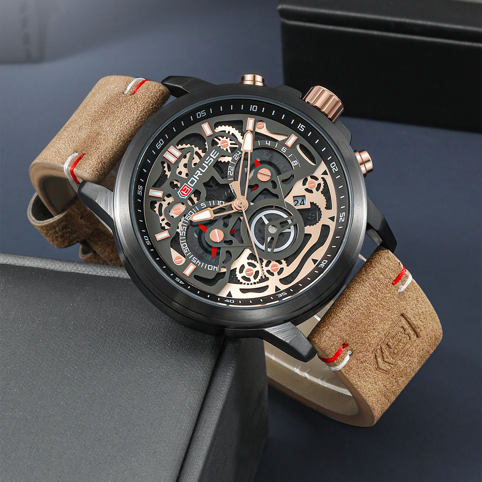 BORUSE Business Waterproof Leather Mens Quartz Watches Luxury Luminous Watch For MenWristwatch