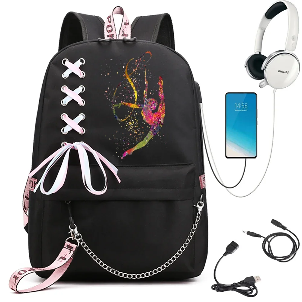 Dance Girl School Bag for Teenager Girls Mochila Watercolor Gymnastics Girl Bagpack Usb Port Kawaii School Backpack Bag Rucksack