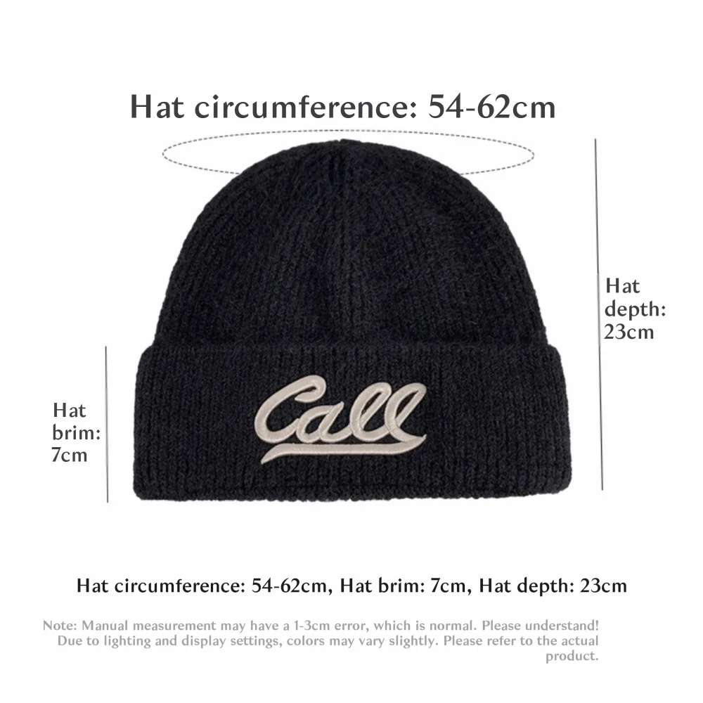 Topi Rajut Hangat dengan Bordir Huruf, Warna Solid, Topi Wol dengan Tepi Lipat Ganda, Lingkar Kepala Besar, Topi Musim Dingin