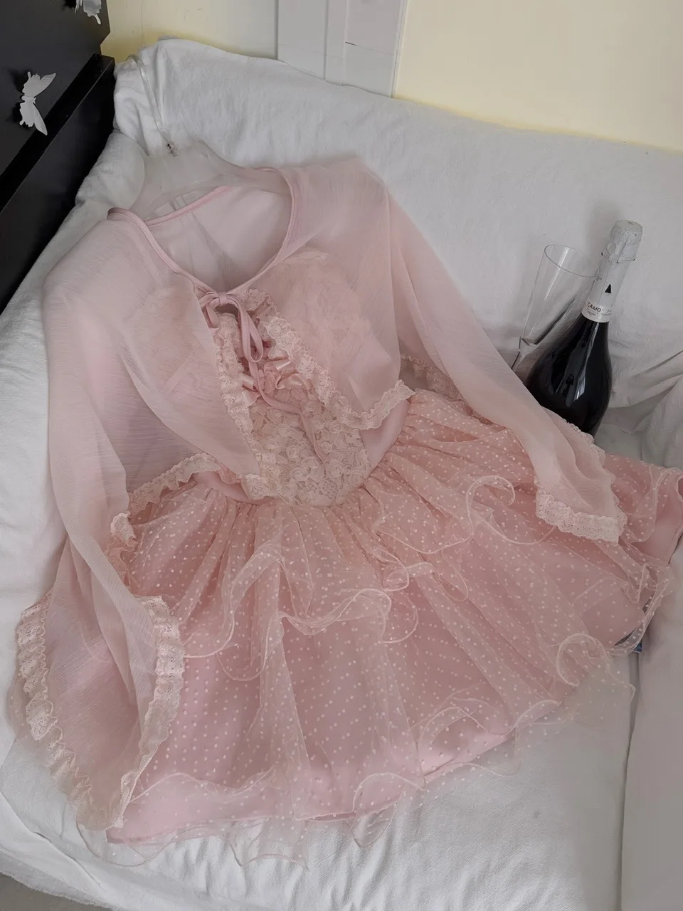 

Pink Lace Halter Dress Women's Sweet Tulle Short Skirt Shawl Outerwear Two-Piece Set Summer Fashion Outfit Long Sleeve round ...