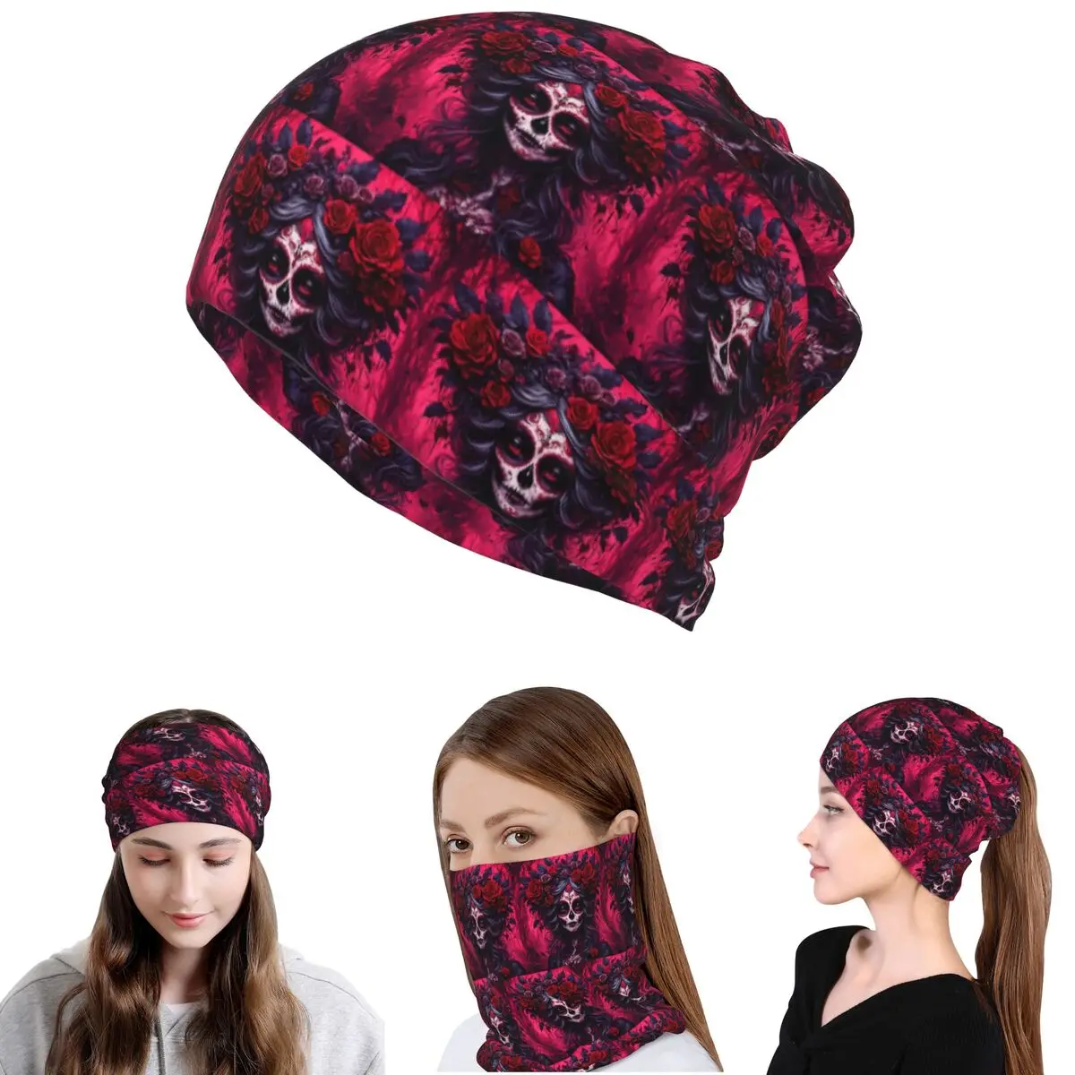 Mexican Catrina Girl Day Of The Dead Sugar Skull Bandana Neck Gaiter Face Scarf Face Mask Beanies Hat Unisex Adult Winter