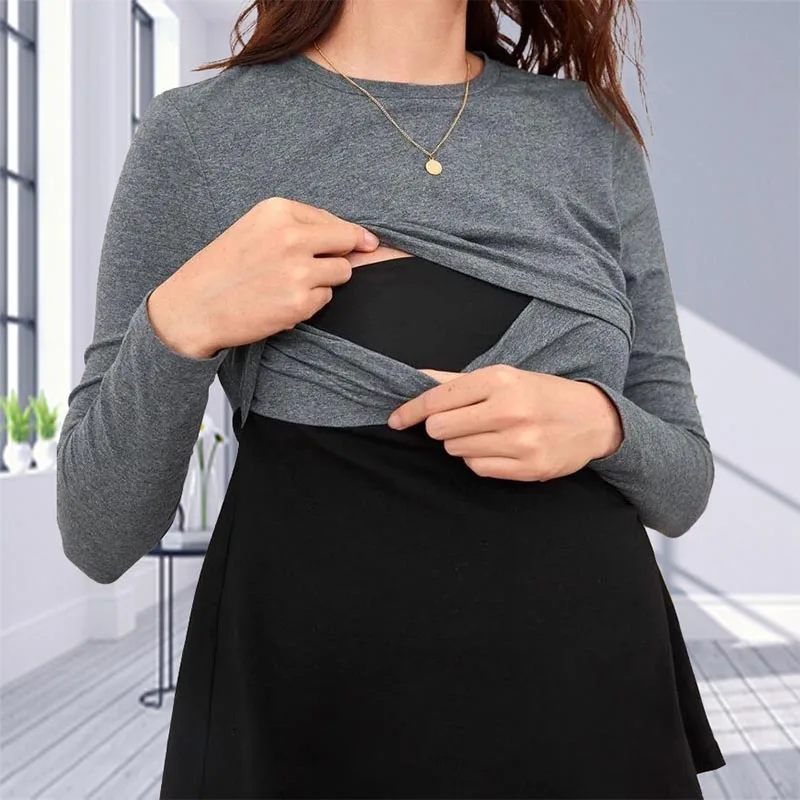 Women Maternity Long Sleeve Solid Color Crew Neck Nursing Shirt Casual Long Sleeve Crew Neck Basic Nursed Shirt Breastfeeding