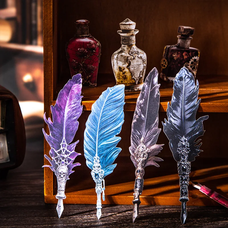 4pack Pen Ink Collector Series Vintage Stickers 6 Designs Hard Card Decals Feather Retro Objects Scrapbook Materials