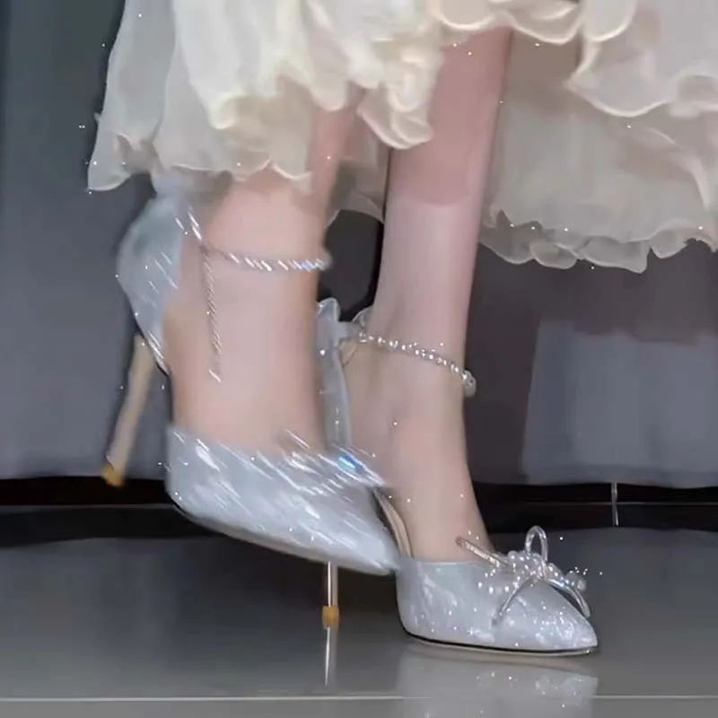 2025 Womens Pointy Toe Bow Mesh Stilettos High Heel Rhinestones Crystal Shoes Wedding Bridal Party Sexy Sliver Heels Women Shoes
