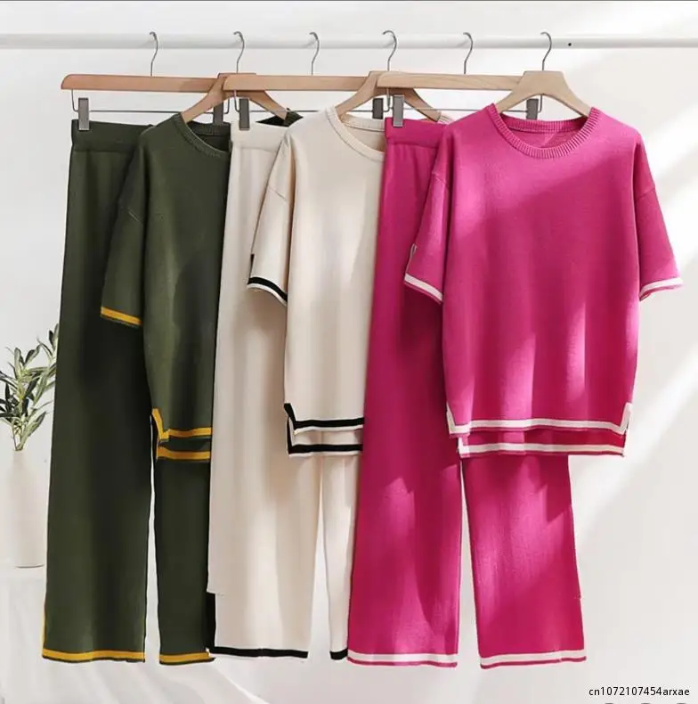 Knit Two Piece Set Pajamas Women Side Split Short Sleeve High Waist Trouser Suits Sleepwear Female Spring Office Ladies Suit