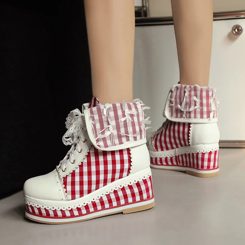 Women\'s Gingham Lolita Wedge Boots, Lace-Up Brogue Style, Cosplay Cute Platform Shoes - Various Color Options Plus Size 31-48