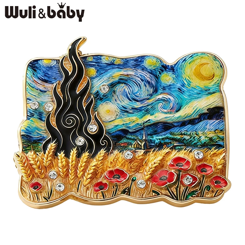 Wuli&baby Famous Picture Brooches The Harvest And Wheat Field with Cypresses Photo Party Brooch Pins For Women Unisex Pins Gifts