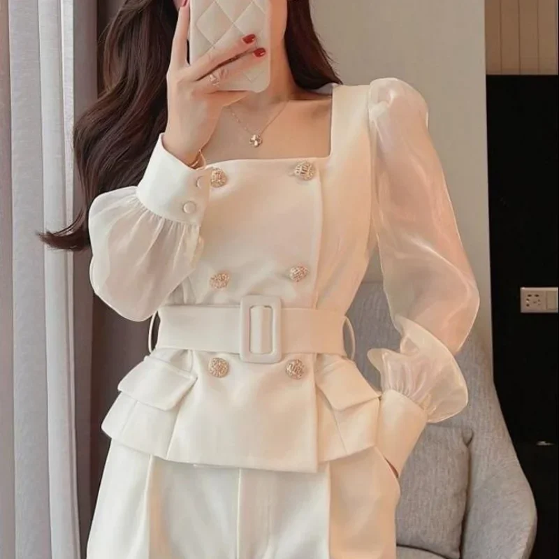 Wide Leg Outfit Two Piece Set Pants for Women White Womens 2 Pant Sets Trouser Suit Blazer and Clothes Tailor with Sleeve Luxury