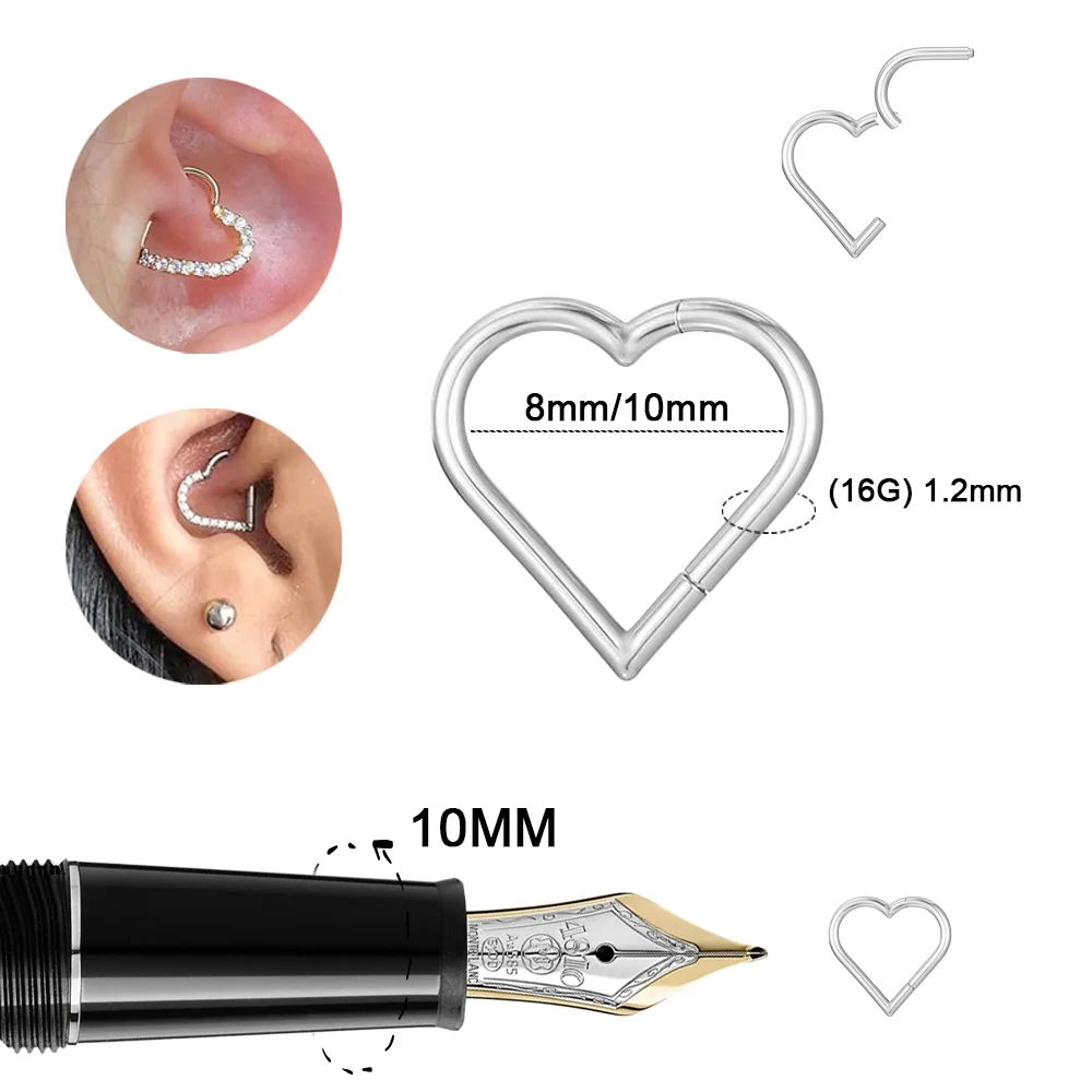 ASTM F136 Titanium 16G Heart Hoops Fashion Nose PIERC Sexy Ear Tragus Daith Cartilage Rings Clicked Body Jewelry for Women Gifts