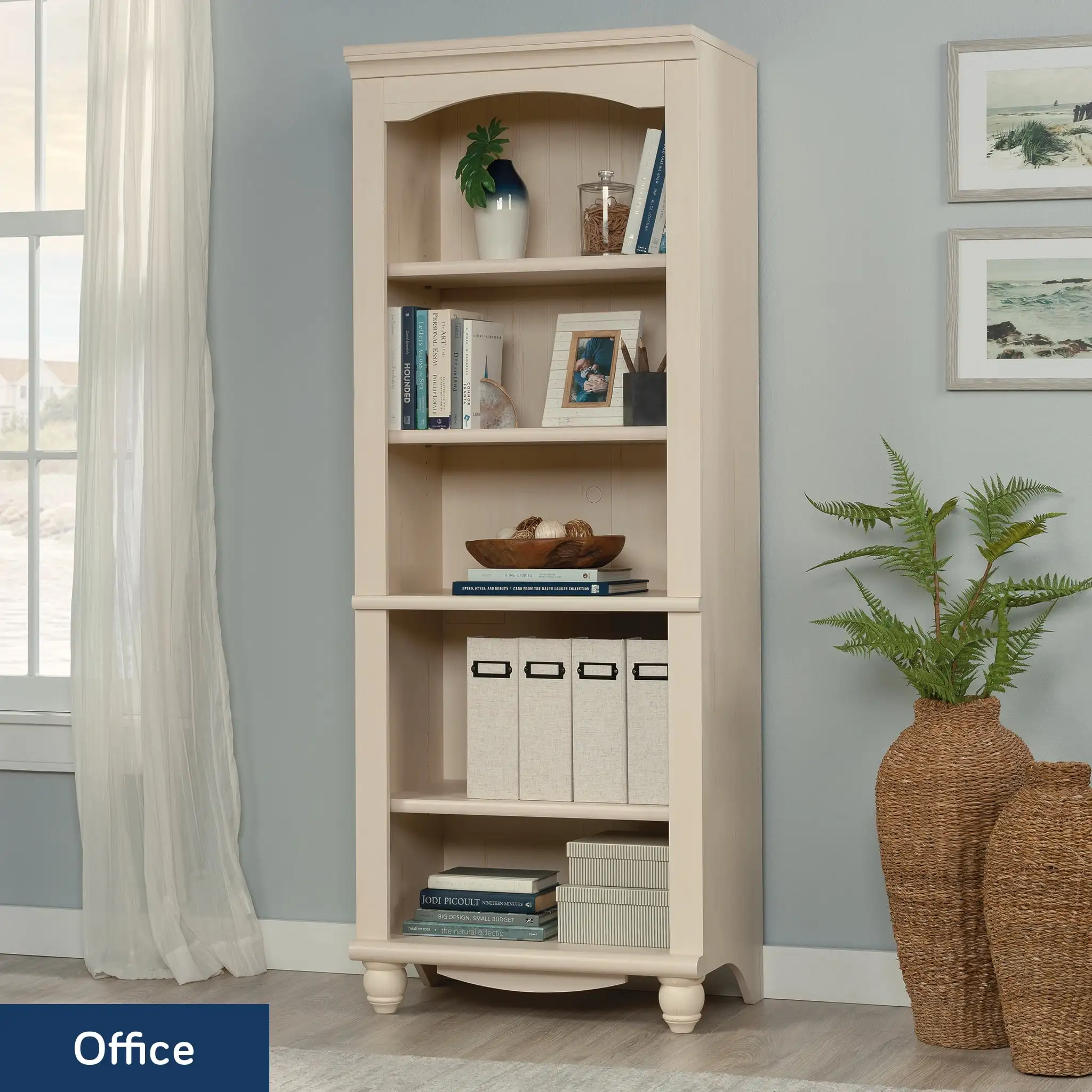 Engineered Wood 5 Shelf Bookcase in Antiqued White Enclosed Back Panel Has Cord Access Sturdy and Durable