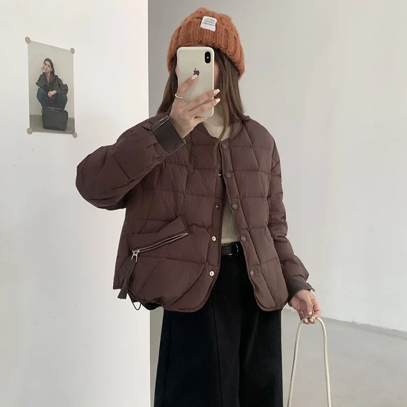 

Winter Short Solid O Neck Down Jacket Female Single Breasted Parker Jackets Women White Duck Down Zipper Pocket Warm Outwears