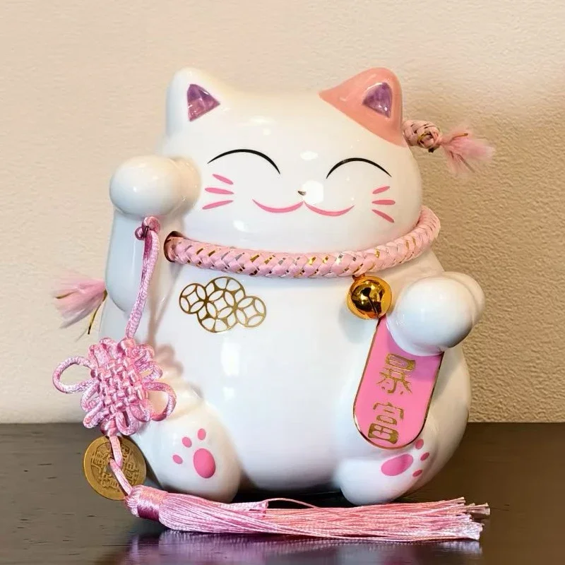 6.5 Inch Pink Ceramic Maneki Neko Ornament Lucky Cat Figure Home Decoration Fortune Cat Centerpiece with Gift Box