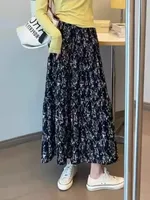 2025 Retro Elastic Waist Print Folds Pleated Loose A Line Skirt Summer High Waist Ankle Length Skirts with Lining Y2k Streetwear