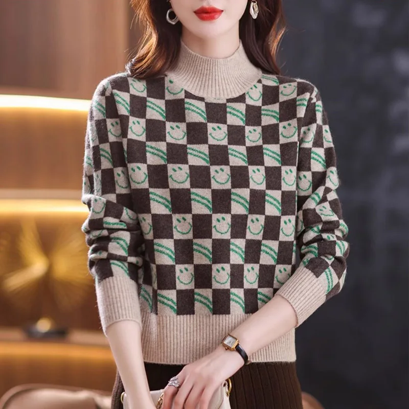 

Women's Clothing Fashion All-match Plaid Sweaters Autumn Winter Simplicity Comfortable Knitted Tops Half High Collar Pullover