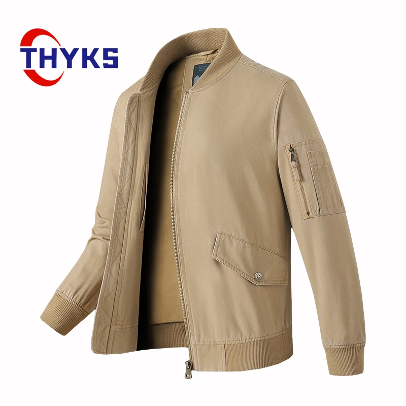 Standing Collar Men's Jackets 100% Cotton Solid Multi Pocket Casual Jacket Classic Versatile Loose Wear-resistant Baseball Coat