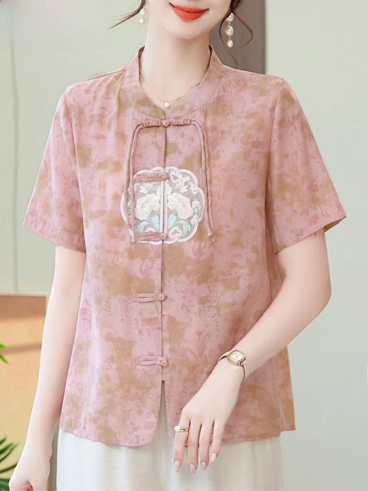 

New Chinese Sle Summer Outfit Cotton Linen ort Sve Trendy Middle-Aged Women's Faionable T-irt Top Set Nine-Piece P...