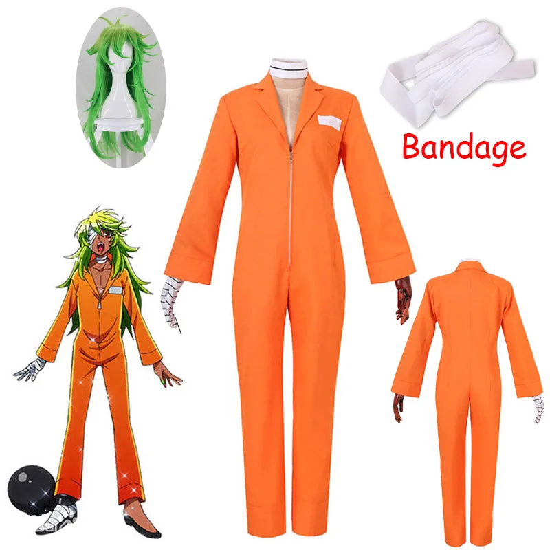 

Detentionhouse Niko No.25 Nanbaka Cosplay Costume Green Wig Prison Nanba Orange Jumpsuit Detention House Adult Halloween Suit