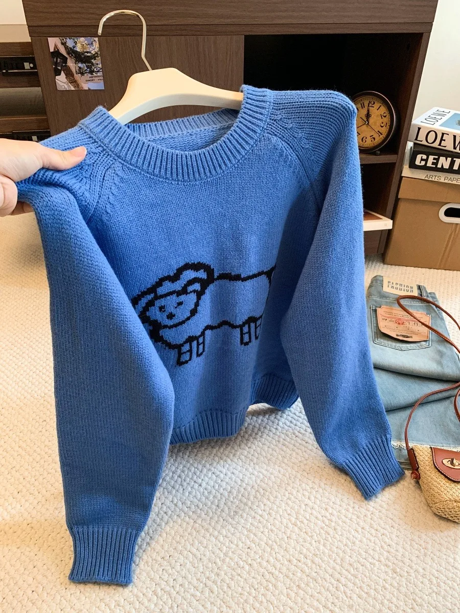 Ladies' round Neck Sheep Patterned Knitwear Long Sleeve Overhead Soft Style Versatile Design Autumn Winter Fashion Citywalk Top