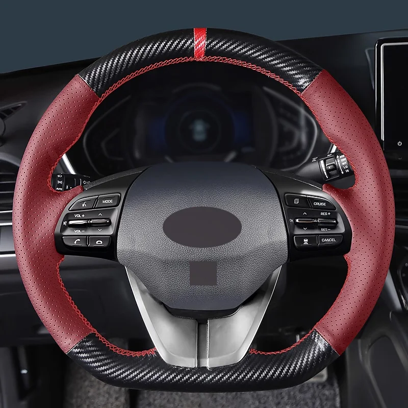 

Matt Carbon Fiber Wine Red Leather and Red Stripe Full Wrap Steering Wheel Cover Car Accessoires for Hyundai La Festa Elantra