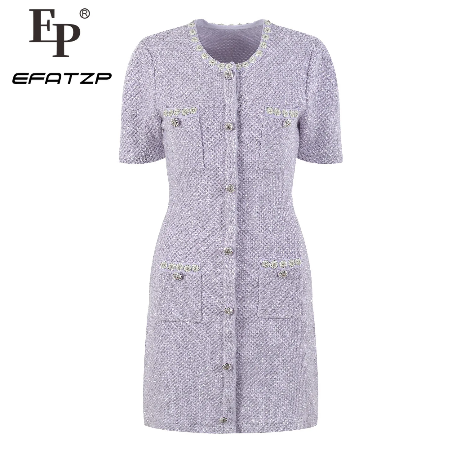 

Purple Diamonds Buttons Knitting Dress Women Short Sleeve Elegance Mini Dresses High Quality