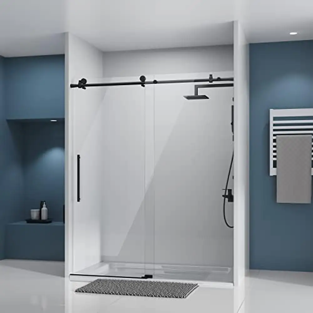 Frameless Sliding Shower Door with Clear Tempered Glass Explosion-Proof Film Stainless 56-60