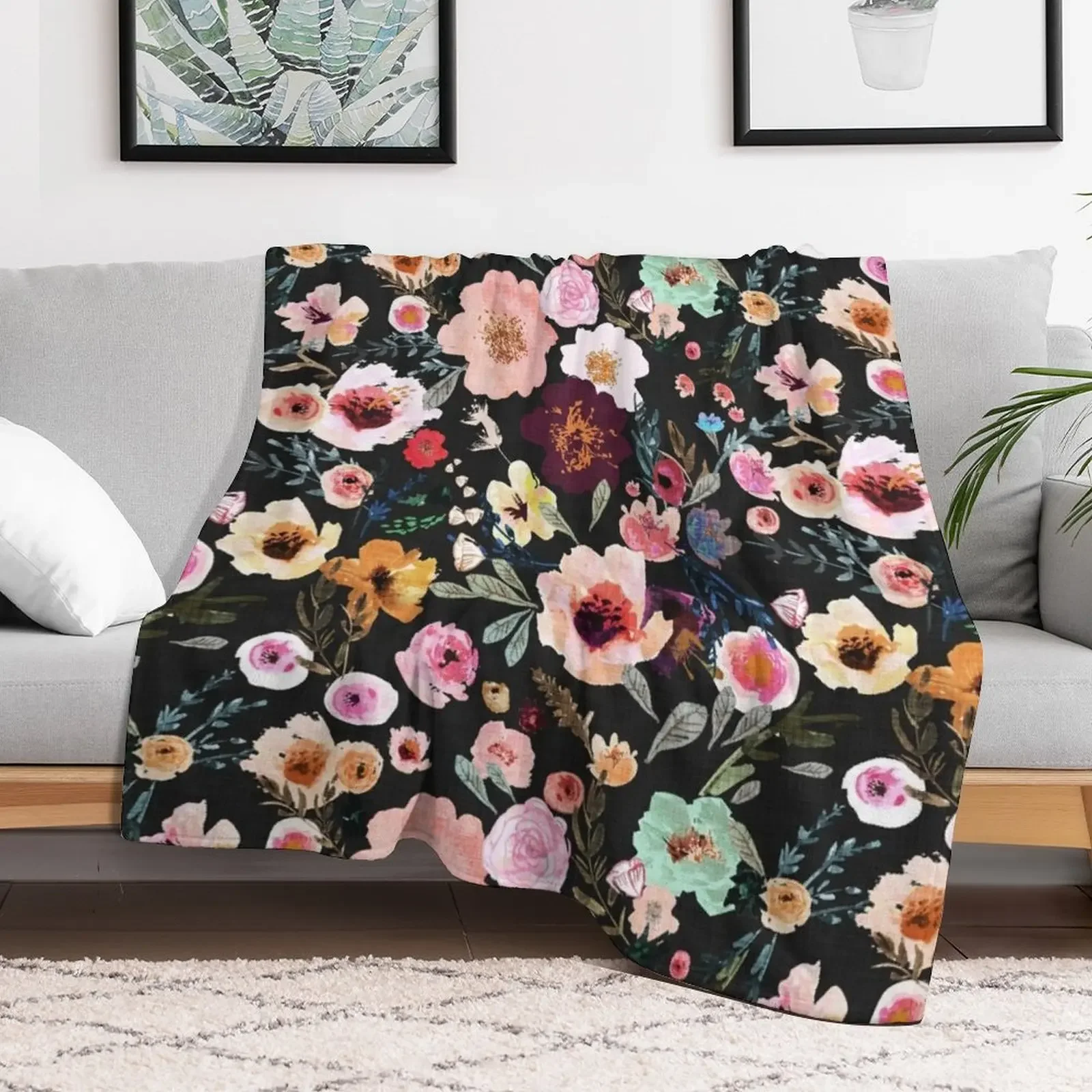 Burst into Bloom (midnight) Throw Blanket Retros Large Blankets