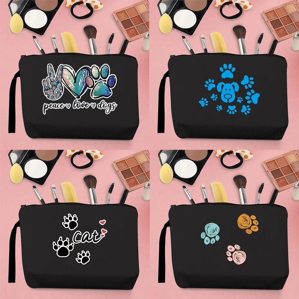 

Classic Woman Makeup Brush Storage Bag Coin Purse Canvas Clutch Animal Footprint Pattern Printing Portable Kawaii Storage Black