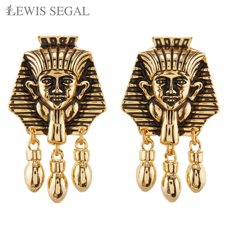 LEWIS SEGAL Golden Vintage Men Egyptian Pharaoh Pyramid King Tut Drop Earrings for Women Medieval Luxury Fine Jewelry 18K Gold