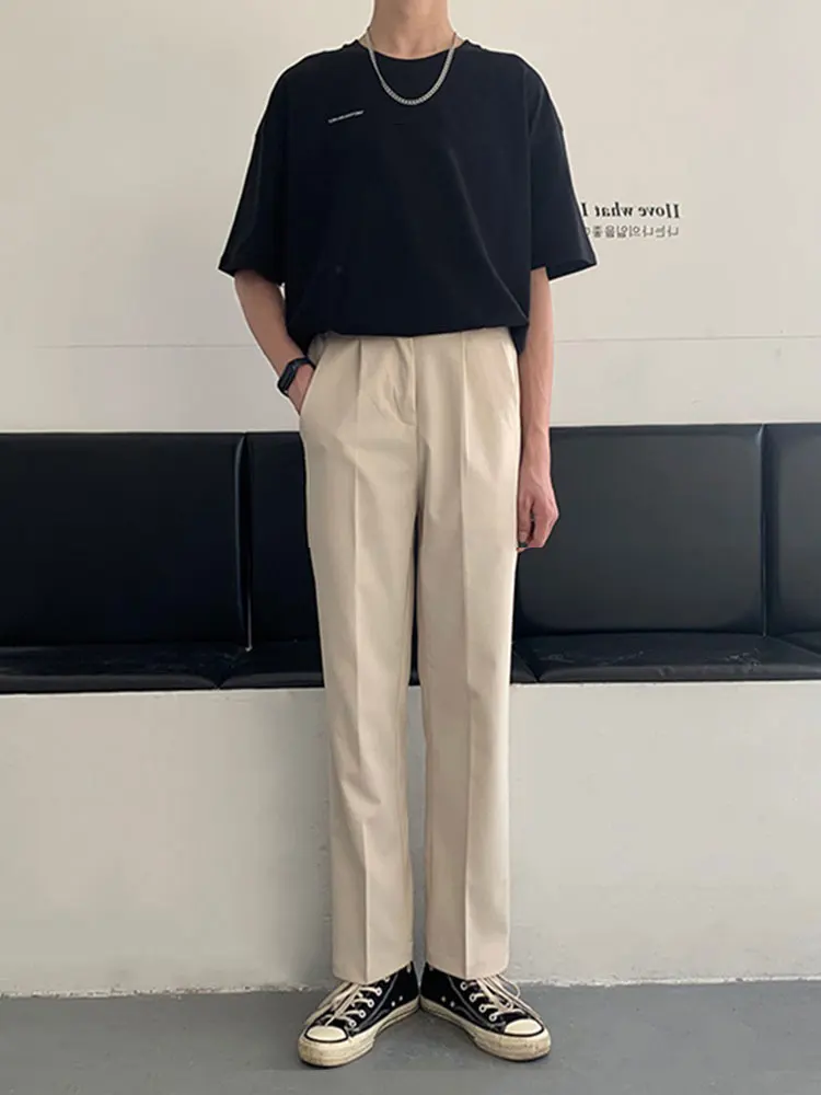 

Мужские повседневные брюки свободного кроя в корейском стиле, осенние, абрикосового цвета, с широкими штанинами, модные, универсальные, длинные брюки-костюм.